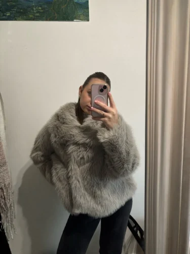TRAFZA Women Fashion Cropped Faux Fur Jacket Coat Long Sleeve Front Snap-button Female Outerwear Chic Lapel Collar Thick Coat photo review