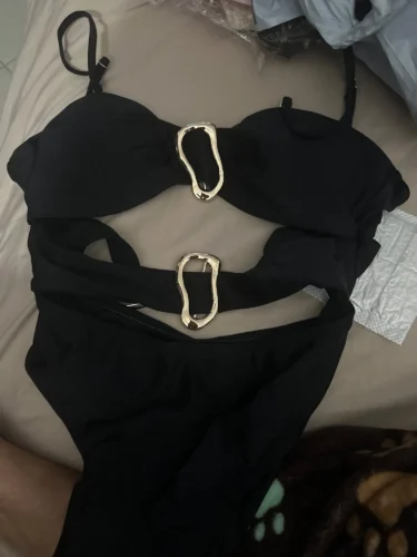 Click to view full screen 3 Colors Sexy Metal Rings Cut Out Women Swimwear One Piece Swimsuit Female Bandeau High Leg Cut Bather Bathing Suit Swim B022D photo review
