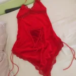 Women Sexy Red Ruched Mini Dress Sleeveless Backless Spaghetti Strap Dress Drawstring Bodycon Party Club Dress with Thong photo review