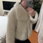 TRAFZA Women Fashion Cropped Faux Fur Jacket Coat Long Sleeve Front Snap-button Female Outerwear Chic Lapel Collar Thick Coat photo review