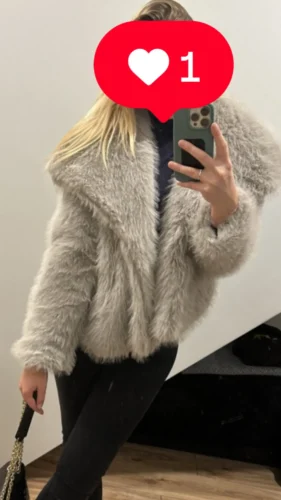 TRAFZA Women Fashion Cropped Faux Fur Jacket Coat Long Sleeve Front Snap-button Female Outerwear Chic Lapel Collar Thick Coat photo review
