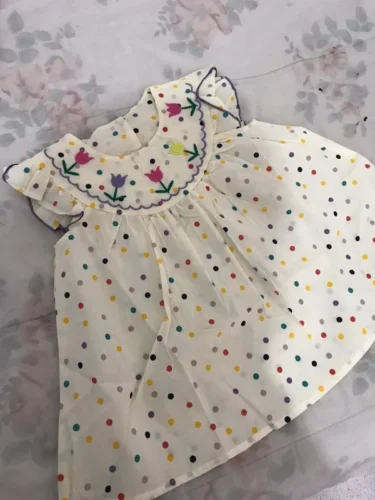 New Cute Girl'S Dress Sweet Rose Embroidered Small Round Dots Korean Version Loose Bubble Sleeve Cotton Beach Skirt photo review
