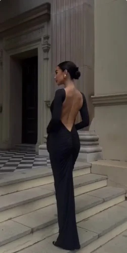 Hugcitar Spring Elegant Long Sleeve Backless Solid Cuched Sexy Bodycon Maxi Prom Dress Women Outfit Evening Party Festival Y2K photo review