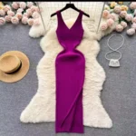 Women V Neck Solid Ribben Knitted Dresses Casual All Match Slimple Sexy Package Hips Bodycon Dress Elegant Vestidos Streetwear photo review