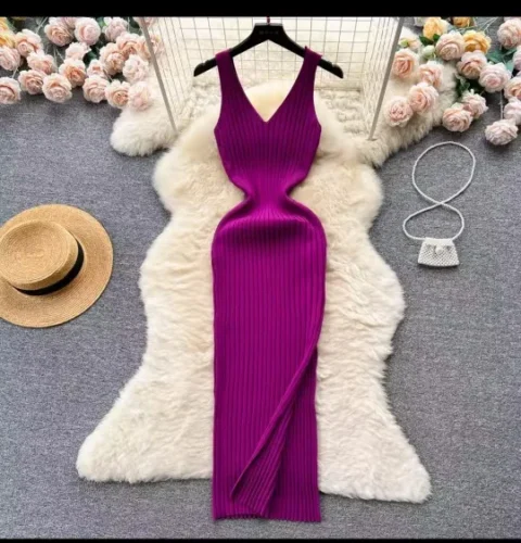 Women V Neck Solid Ribben Knitted Dresses Casual All Match Slimple Sexy Package Hips Bodycon Dress Elegant Vestidos Streetwear photo review