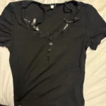 Halter Neck Lace Trim Bow Cute Black Y2K T-Shirt Women Button Up Slim Short Sleeve White Tees Sweet Balletcore Clothing photo review