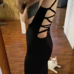 Sexy Black Long Bodycon Dress Women Summer Sleeveless Blackless Halter Neck Spaghetti Strap Dresses High Split Vestidos photo review