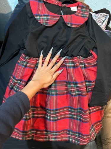 Autumn And Winter 4-7 Years Old Cool Girl Dress Long Sleeve Checkered Patchwork Top Princess Dress With Hat photo review