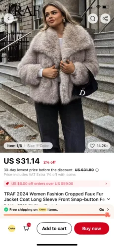 TRAFZA Women Fashion Cropped Faux Fur Jacket Coat Long Sleeve Front Snap-button Female Outerwear Chic Lapel Collar Thick Coat photo review