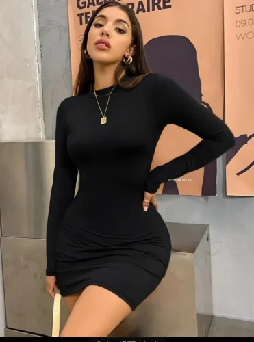 Long Sleeve Slim Bodycon Mini Dress Women Turtleneck Pleated Party Ruched Short Evening Club Outfit Soild Color photo review