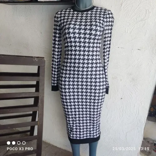 Houndstooth Print Women Long Sleeve Midi Dress Hollow Out Bodycon Sexy Streetwear 2022 Autumn Winter Club Elegant Slim photo review