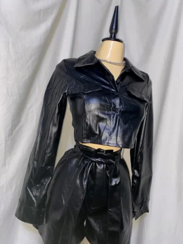 Xeemilo Autumn Faux Leather Short Jacket Y2K Turn-down Collar Fashion Botton Decoration PU Coat 2022 Grunge Street Casual Coats photo review