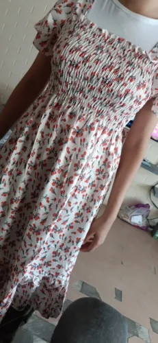 Spring Summer Chiffon Dress Women Midi DressesFemale Short Sleeve Elastic Waist Printed Floral Pleated Backless Casual Dress photo review