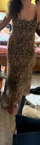 TRAFZA 2024 Women Summer Vintage Leopard Print Dress Sleeveless Backless Suspender Female Slim Casual Beach Party Long Dress photo review