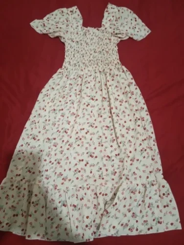 Spring Summer Chiffon Dress Women Midi DressesFemale Short Sleeve Elastic Waist Printed Floral Pleated Backless Casual Dress photo review