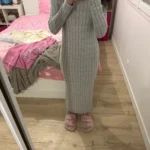 Women sexy knit V-neck reverse neck split dress autumn winter full sleeve elastic basic body sweater photo review
