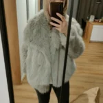 TRAFZA Women Fashion Cropped Faux Fur Jacket Coat Long Sleeve Front Snap-button Female Outerwear Chic Lapel Collar Thick Coat photo review