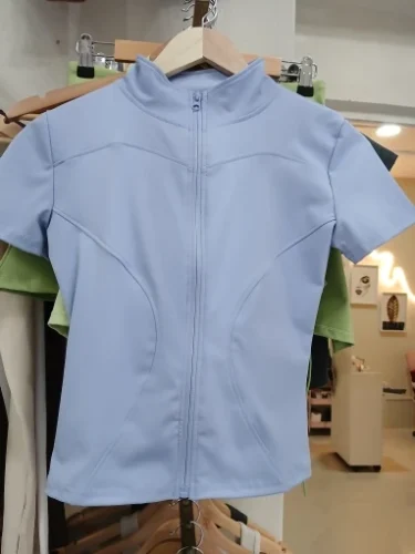 Summer High Quality Waist Slimming Training Tops Women's Quick-drying Tight Stand Collar Full Zipper Short Sleeves Yoga shirts photo review