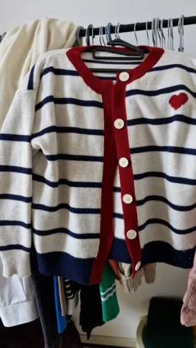 Autumn And Winter New Stripes Color Matching Button Round Neck Knitted Cardigan Women Long-sleeved Sweater All-match photo review