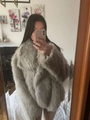 TRAFZA Women Fashion Cropped Faux Fur Jacket Coat Long Sleeve Front Snap-button Female Outerwear Chic Lapel Collar Thick Coat photo review