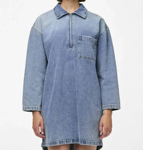 DUOPERI Women Fashion Solid Denim Dress Long Sleeves Female Chic Lady Casual Loose Short Dress photo review