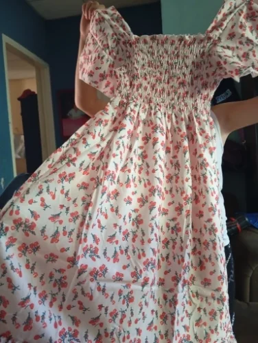 Spring Summer Chiffon Dress Women Midi DressesFemale Short Sleeve Elastic Waist Printed Floral Pleated Backless Casual Dress photo review