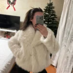 TRAFZA Women Fashion Cropped Faux Fur Jacket Coat Long Sleeve Front Snap-button Female Outerwear Chic Lapel Collar Thick Coat photo review