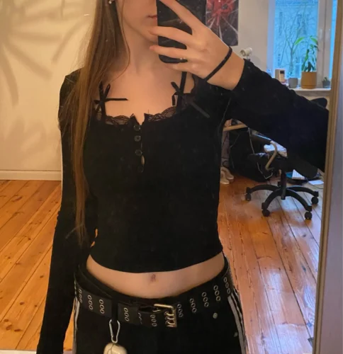 Halter Neck Lace Trim Bow Cute Black Y2K T-Shirt Women Button Up Slim Short Sleeve White Tees Sweet Balletcore Clothing photo review