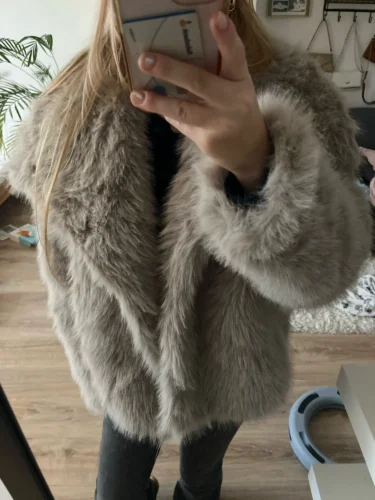 TRAFZA Women Fashion Cropped Faux Fur Jacket Coat Long Sleeve Front Snap-button Female Outerwear Chic Lapel Collar Thick Coat photo review