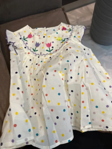 New Cute Girl'S Dress Sweet Rose Embroidered Small Round Dots Korean Version Loose Bubble Sleeve Cotton Beach Skirt photo review