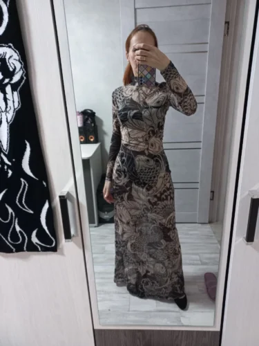 Weird Puss Mesh Print Women Maxi Dress Turtleneck Full Sleeve Bodycon Autumn Trendy Hipsters High Street Party Y2K Attirewear photo review