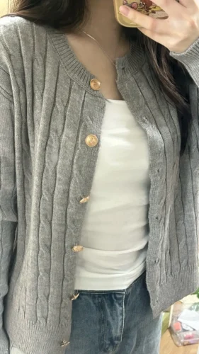 2024 Vintage Long Sleeve Cardigan Women Sweater O-neck Elegant Knitted Top Fashion Autumn Grey Knitwear photo review
