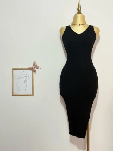 Women V Neck Solid Ribben Knitted Dresses Casual All Match Slimple Sexy Package Hips Bodycon Dress Elegant Vestidos Streetwear photo review