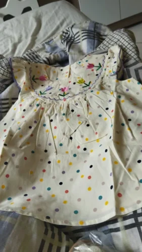 New Cute Girl'S Dress Sweet Rose Embroidered Small Round Dots Korean Version Loose Bubble Sleeve Cotton Beach Skirt photo review