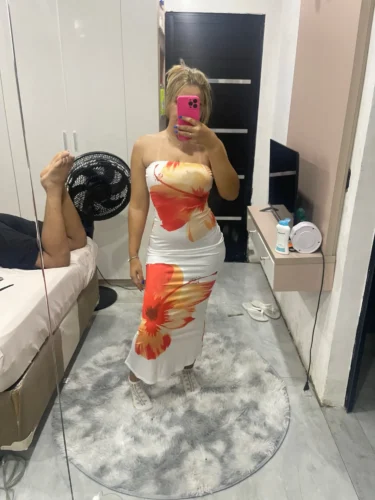 CUTENOVA Women's 2024 New Flower Printed Tubeless Dress Casual Vacation Off Shoulder Slim Beach Floor Length Long Dress photo review