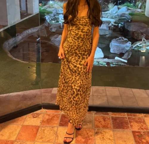 Ladies Vintage Leopard Print Women Sexy Spaghetti Strap Summer Dress Chic Swing Collar Backless Party Club Long Dresses Female photo review