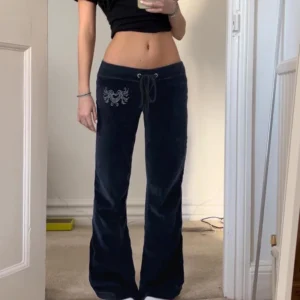 Rockmore Retro Rhinestone Flare Pants Velvet Drawstring Casual Trouser Streetwear Cute Bottoms Y2K Aesthetic 2000s Women's Pants