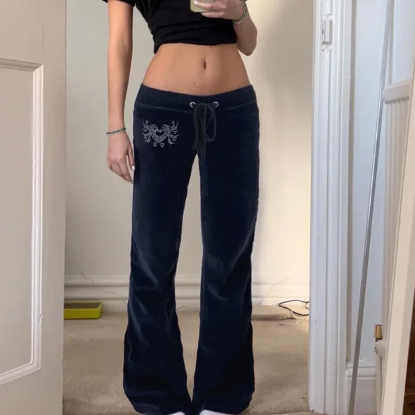 Rockmore Retro Rhinestone Flare Pants Velvet Drawstring Casual Trouser Streetwear Cute Bottoms Y2K Aesthetic 2000s Women's Pants