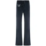 Rockmore Retro Rhinestone Flare Pants Velvet Drawstring Casual Trouser Streetwear Cute Bottoms Y2K Aesthetic 2000s Women's Pants