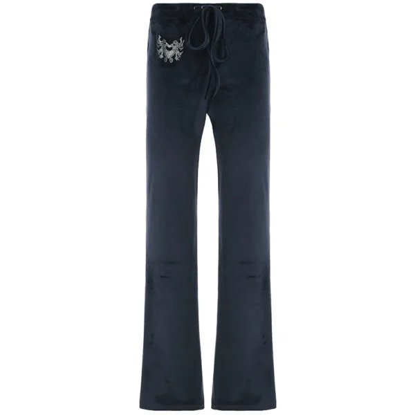 Rockmore Retro Rhinestone Flare Pants Velvet Drawstring Casual Trouser Streetwear Cute Bottoms Y2K Aesthetic 2000s Women's Pants