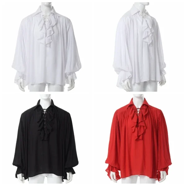 Men Pirate Shirt Vampire Prince Poet Shirts Medieval Buccaneer Frills Lace Up Renaissance Vintage Gothic Blouse Tops