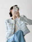 ITOOLIN Autumn Winter Women Elegant Tweed Cardigan Short Coat With Pocket Single Breasted Jacket For Women Loose Outwear 2024
