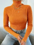 2025 Autumn Winter Women Long Sleeve Knitted Foldover Turtleneck Ribbed Pull Sweater Soft Warm Femme Jumper Pullover Clothes
