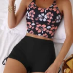 Printed Flower Tankini Set Girl Swimwear Adjustable Strap Vest Bra Female Flower Shorts Bikini Drawstring Women Beach Set