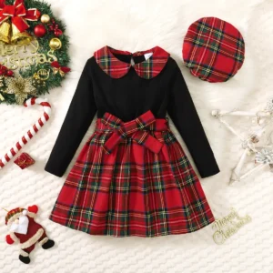 Autumn And Winter 4-7 Years Old Cool Girl Dress Long Sleeve Checkered Patchwork Top Princess Dress With Hat