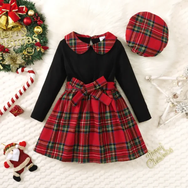 Autumn And Winter 4-7 Years Old Cool Girl Dress Long Sleeve Checkered Patchwork Top Princess Dress With Hat