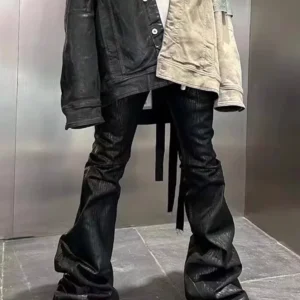 Streetwear Black Wax Leather Strecth Jeans for Men Ropa Hombre Baggy Y2k Flare Pants Oversized Straight Denim Trousers