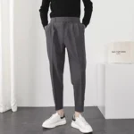 Fashion Men Casual Pants Elastic Waist Small Feet Slim Korean Style Pleated Tapered Male Blazer Pants Trousers Streetwear