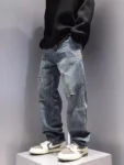 New Men's Ripped Jeans Baggy Straight Fashion Vintage Blue Denim Pants Personality Streetwear Hip Hop High Quality Male Trousers