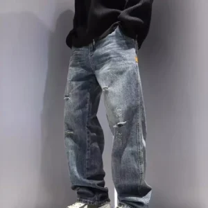 New Men's Ripped Jeans Baggy Straight Fashion Vintage Blue Denim Pants Personality Streetwear Hip Hop High Quality Male Trousers